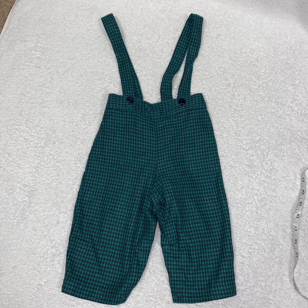 Vintage green red navy button strap overalls 12m